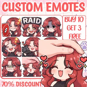 May include: A collection of digital custom emotes featuring a character with long wavy red hair and black clothing. The emotes display various expressions including holding a red reverse card, a raid sign, crying, petting a cat, and being patted.