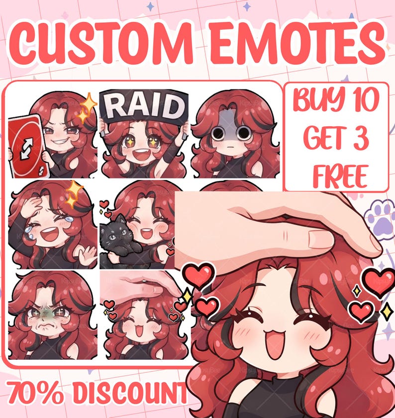 May include: A collection of digital custom emotes featuring a character with long wavy red hair and black clothing. The emotes display various expressions including holding a red reverse card, a raid sign, crying, petting a cat, and being patted.