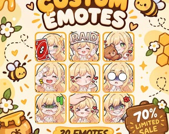 May include: A collection of nine digital anime-style character emotes featuring a blonde character in various expressions, including holding a red card, a sign reading RAID, a teddy bear, crying, blowing a kiss, shocked, angry, being patted, and holding a knife.