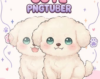 May include: A digital illustration featuring two fluffy white puppies with large teal eyes and small fangs, positioned below the text CUTE PNGTUBER. The design includes light purple paw prints, small hearts, and star accents on a soft pink background.