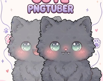 May include: A digital illustration of two fluffy dark gray creatures with large sparkling green eyes, pink cheeks, and small fangs. The text CUTE PNGTUBER is displayed at the top in pink and purple bubble letters against a light background.