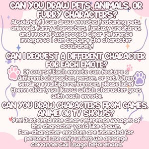 May include: A white informational graphic with purple text and paw print icons. The text reads: CAN YOU DRAW PETS, ANIMALS, OR FURRY CHARACTERS? Absolutely! I can draw emotes featuring pets, animals, furry characters, fantasy creatures, and more.