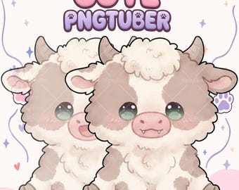 May include: A digital illustration of two fluffy, cream and brown cow characters with large green eyes, small horns, and pink snouts. The text CUTE PNGTUBER is displayed in large, rounded, light pink letters at the top of the image.