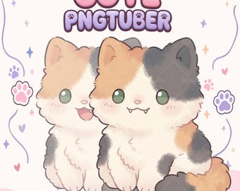 May include: A digital illustration of two calico kittens with fluffy fur in shades of orange, white, and grey. The kittens have large green eyes and small fangs. The text CUTE PNGTUBER is displayed at the top, surrounded by paw prints and stars.