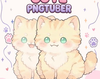 May include: A digital illustration featuring two fluffy, light orange tabby kittens with large green eyes and small fangs. The text CUTE PNGTUBER is displayed at the top in a rounded, purple-outlined font, surrounded by small paw prints and stars.