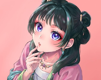 May include: A digital illustration of a character with dark teal hair styled in two buns with pearl accents, wearing a pink and light green garment, a gold necklace with a purple flower, and blue drop earrings, set against a solid pink background.