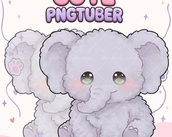 May include: A digital illustration of a fluffy, light purple elephant character with large, expressive green eyes and pink cheeks. The text CUTE PNGTUBER is displayed in bold, rounded purple letters above the elephant, with paw print accents.