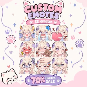 May include: A digital graphic featuring 13 custom emotes of a blonde character with purple flower hair accessories. The text reads CUSTOM EMOTES, 13 emotes, and 70% LIMITED SALE. The design includes cat ear motifs, paw prints, and hearts in pastel colors.