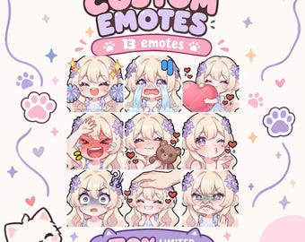 May include: A digital graphic featuring thirteen custom emotes of a blonde character with purple flower hair accessories. The text reads CUSTOM EMOTES, 13 emotes, and 70% LIMITED SALE. The design includes cat paw prints, hearts, and stars.