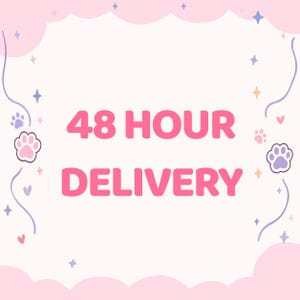 May include: A white square graphic with the text 48 HOUR DELIVERY in bold pink letters. The border features a light pink scalloped edge, purple wavy lines, small purple and orange star icons, tiny pink hearts, and light purple paw print icons.