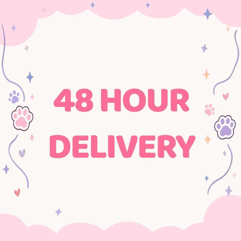May include: A white square graphic with the text 48 HOUR DELIVERY in bold pink letters. The border features a light pink scalloped edge, purple wavy lines, small purple and orange star icons, tiny pink hearts, and light purple paw print icons.