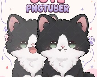 May include: A digital illustration of two black and white kittens with large green eyes and small fangs. The text CUTE PNGTUBER is displayed at the top in purple and pink bubble letters. The background features light pink clouds and purple paw prints.