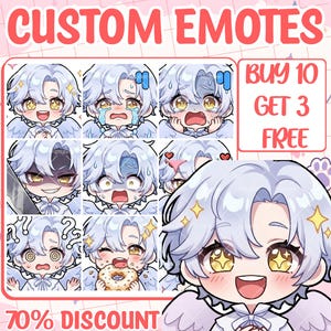 May include: A digital art sheet featuring custom emotes of an anime-style character with light blue hair and wings. The character displays various expressions including joy, crying, shock, and eating a donut. Text reads CUSTOM EMOTES, BUY 10 GET 3 FREE, and 70% DISCOUNT.