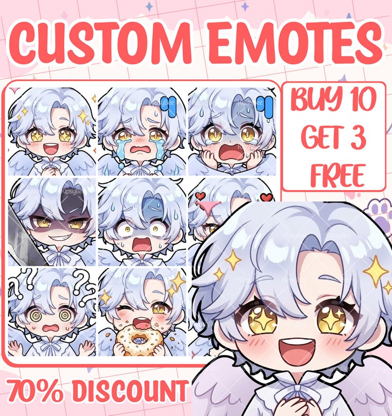 May include: A digital art sheet featuring custom emotes of an anime-style character with light blue hair and wings. The character displays various expressions including joy, crying, shock, and eating a donut. Text reads CUSTOM EMOTES, BUY 10 GET 3 FREE, and 70% DISCOUNT.