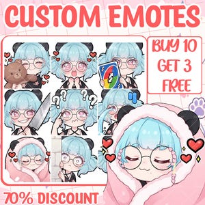 May include: A digital illustration sheet titled CUSTOM EMOTES featuring a character with light blue hair and round glasses in various poses, including holding a teddy bear, a knife, and a game card, with text stating BUY 10 GET 3 FREE and 70% DISCOUNT.