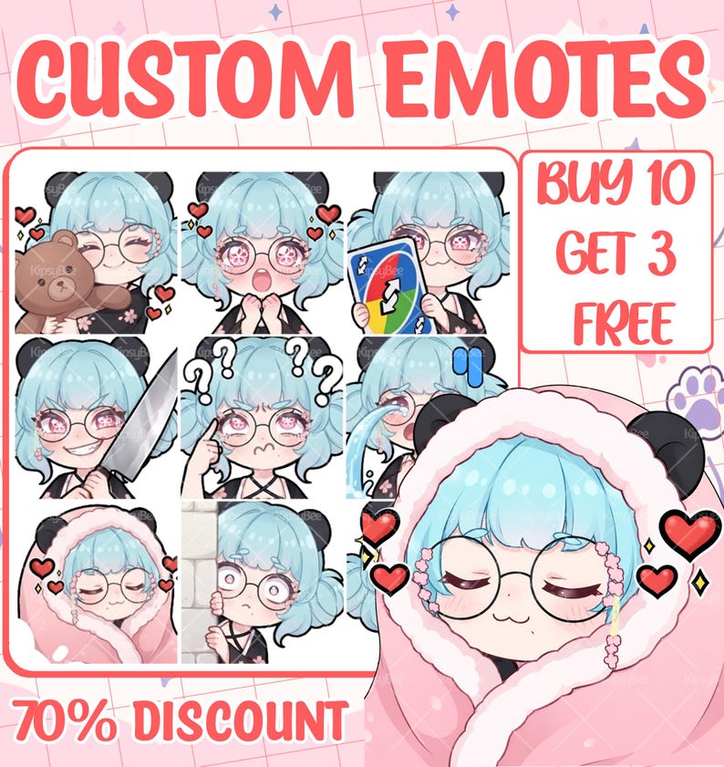 May include: A digital illustration sheet titled CUSTOM EMOTES featuring a character with light blue hair and round glasses in various poses, including holding a teddy bear, a knife, and a game card, with text stating BUY 10 GET 3 FREE and 70% DISCOUNT.