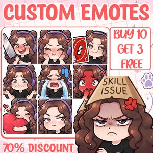 May include: A collection of digital custom emotes featuring a character with brown curly hair and purple headphones. The emotes display various expressions including holding a knife, crying, blushing, and holding a heart. One emote shows the character wearing a cardboard box labeled SKILL ISSUE. Text includes CUSTOM EMOTES, BUY 10 GET 3 FREE, and 70% DISCOUNT.
