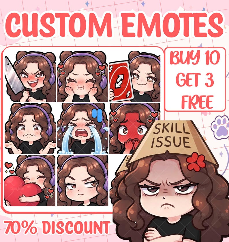 May include: A collection of digital custom emotes featuring a character with brown curly hair and purple headphones. The emotes display various expressions including holding a knife, crying, blushing, and holding a heart. One emote shows the character wearing a cardboard box labeled SKILL ISSUE. Text includes CUSTOM EMOTES, BUY 10 GET 3 FREE, and 70% DISCOUNT.