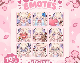 May include: A digital illustration set titled CUSTOM EMOTES featuring nine anime-style character icons with blonde hair and purple flowers. The characters display various expressions including joy, crying, love, anger, and confusion on a pink background.
