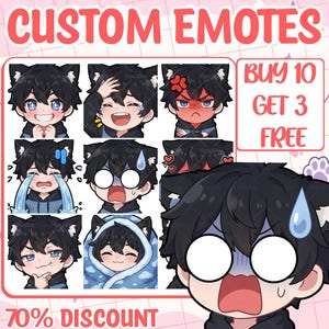 May include: A collection of digital character emotes featuring a person with black hair and cat ears in various expressions, including happy, crying, angry, and shocked. The text CUSTOM EMOTES, BUY 10 GET 3 FREE, and 70% DISCOUNT are visible.