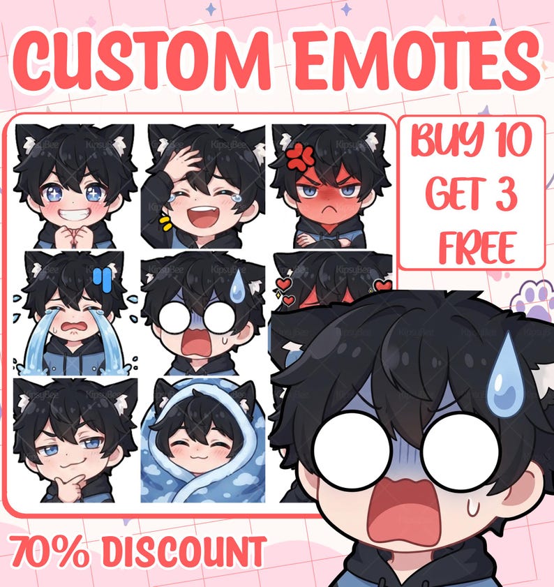 May include: A collection of digital character emotes featuring a person with black hair and cat ears in various expressions, including happy, crying, angry, and shocked. The text CUSTOM EMOTES, BUY 10 GET 3 FREE, and 70% DISCOUNT are visible.