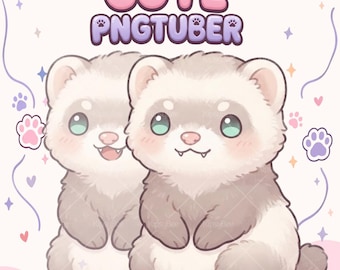 May include: A digital illustration featuring two light brown and white ferrets with large eyes and small fangs. The text CUTE PNGTUBER is displayed in large, rounded, pink and purple letters above the ferrets, surrounded by small paw prints.