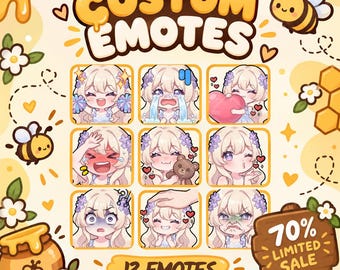 May include: A digital art display featuring the text CUSTOM EMOTES and 13 EMOTES, showcasing nine square illustrations of a blonde character with purple flowers in their hair expressing various emotions, surrounded by bees, honey, and flowers.