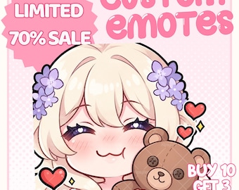 May include: A digital illustration of a blonde character with purple flower hair accessories, holding a brown teddy bear. The image features text reading CUSTOM EMOTES, LIMITED 70% SALE, and BUY 10 GET 3 FREE, with red heart icons.