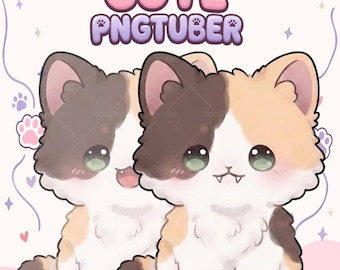 May include: A digital illustration of two calico kittens with large green eyes and small fangs, featuring the text CUTE PNGTUBER at the top. The kittens have patches of brown, cream, and white fur, surrounded by small paw prints and stars.