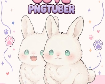 May include: Two white rabbits with large green eyes and soft fur. One rabbit has a small mouth open showing a tooth, while the other has a closed mouth. The text CUTE PNGTUBER appears at the top, surrounded by small pink paw prints and stars.