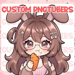 May include: A digital illustration of a brown-haired character with rabbit ears, wearing round glasses and a light pink top, eating an orange carrot. The text CUSTOM PNGTUBERS is displayed in large pink letters at the top of the image.