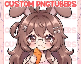 May include: A digital illustration of a brown-haired character with rabbit ears, wearing round glasses and a light pink top, eating an orange carrot. The text CUSTOM PNGTUBERS is displayed in large pink letters at the top of the image.
