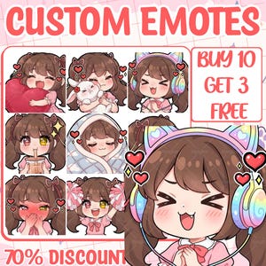 May include: A collection of digital anime-style character emotes featuring a brown-haired girl in various expressions and poses, including holding a heart, a rabbit, wearing cat-ear headphones, drinking boba, and cheering with pom-poms.