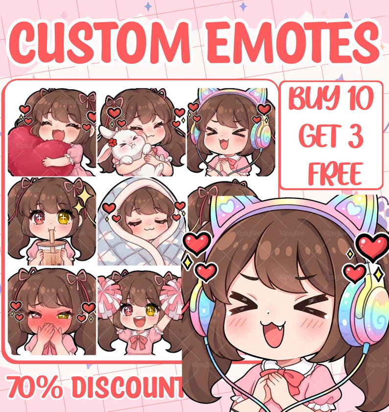 May include: A collection of digital anime-style character emotes featuring a brown-haired girl in various expressions and poses, including holding a heart, a rabbit, wearing cat-ear headphones, drinking boba, and cheering with pom-poms.