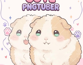 May include: A digital illustration of two fluffy, cream and tan guinea pigs with large eyes and pink cheeks. The text CUTE PNGTUBER is displayed at the top in bubble letters. The background features small purple paw prints, hearts, and stars.