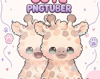 May include: A digital illustration of two cartoon giraffes with light cream fur and brown spots. The text CUTE PNGTUBER appears at the top in purple and pink bubble letters. The giraffes have large green eyes, small horns, and are surrounded by purple paw prints, small hearts, and star shapes on a light background.