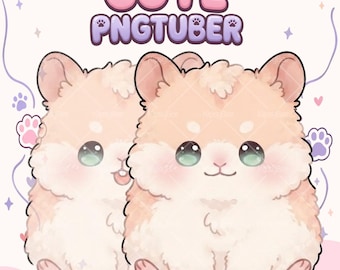 May include: A digital illustration of two light brown, fluffy hamster characters with large, glossy eyes. The text CUTE PNGTUBER is displayed in a rounded, purple-outlined font above the hamsters, surrounded by small paw prints and stars.