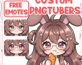 May include: Digital illustration of a brown-haired character with rabbit ears, glasses, and hair clips, eating a carrot. The image includes text reading FREE EMOTES and CUSTOM PNGTUBERS, with two smaller inset portraits showing different facial expressions.