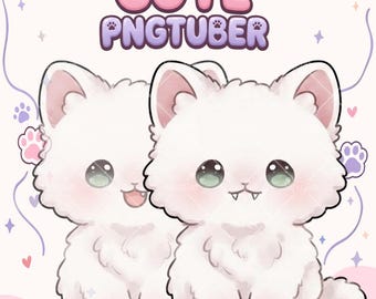 May include: A digital illustration of two fluffy white kittens with large green eyes and small fangs, positioned below the text CUTE PNGTUBER. The background features light purple paw prints, small hearts, and star shapes on a pale pink surface.