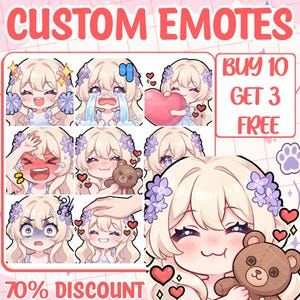 Puede incluir: Una colección digital de emotes personalizados con un personaje estilo anime de cabello rubio y flores moradas. El conjunto incluye varias expresiones como llorar, animar y abrazar un osito de peluche, con el texto CUSTOM EMOTES, BUY 10 GET 3 FREE y 70% DISCOUNT.