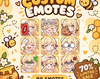 May include: A collection of 24 custom digital emotes featuring a blonde character in various expressions and actions, including holding a red card, a sign reading RAID, and a teddy bear. The design includes honey, bees, and flowers.