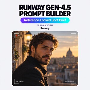 May include: A digital graphic titled RUNWAY GEN-4.5 PROMPT BUILDER Reference-Locked Shot Brief WORKS WITH Runway, featuring a video frame of a person with dark hair and a beard, wearing a black coat, with a city skyline at sunset in the background.