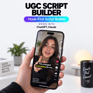 May include: A smartphone displaying a video interface with the text This changed everything for me. Above the phone, the text reads UGC SCRIPT BUILDER, Hook-First Script Builder, and WORKS WITH ChatGPT, Claude. The screen shows a person speaking.
