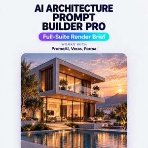 May include: AI Architecture Prompt Builder Pro Full-Suite Render Brief works with PromeAI, Veras, Forma. A two-story modern house with large glass windows, a swimming pool, and outdoor seating at sunset with a mountain view.
