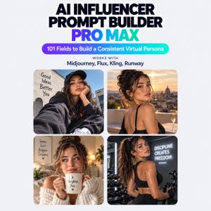 Peut inclure: Un guide numérique intitulé AI Influencer Prompt Builder Pro Max avec 101 champs pour créer des personas virtuels, compatible avec Midjourney, Flux, Kling et Runway. Il présente quatre panneaux photographiques montrant une personne.