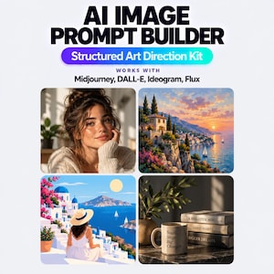 May include: An AI Image Prompt Builder kit featuring the text 'AI IMAGE PROMPT BUILDER' and 'Structured Art Direction Kit'. It displays four distinct images: a portrait, a coastal landscape, a Mediterranean scene, and a mug with books.