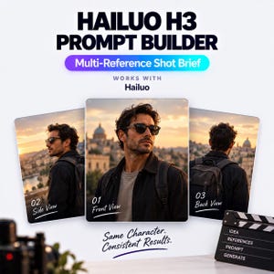Puede incluir: Un gráfico de Hailuo H3 Prompt Builder con tres imágenes de una persona de cabello oscuro con gafas de sol y chaqueta negra. El texto dice Hailuo H3 Prompt Builder, Multi-Reference Shot Brief, Works with Hailuo, 01 Front View, 02 Side View, 03 Back View y Same Character. Consistent Results.