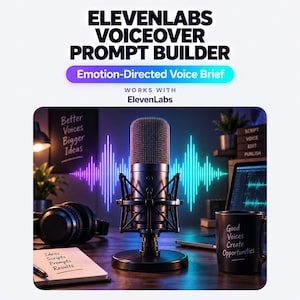 Könnte beinhalten: Ein schwarzes Studiomikrofon auf einem Stativ mit Mikrofonspinne, positioniert vor einer digitalen Schallwellengrafik. Der Text lautet ElevenLabs Voiceover Prompt Builder, Emotion-Directed Voice Brief, Works With ElevenLabs, Better Voices Bigger Ideas, Script Voice Edit Publish, Ideas Scripts Prompts Results und Good Voices Create Opportunities.