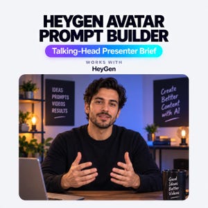 Pode incluir: Um gráfico digital intitulado HEYGEN AVATAR PROMPT BUILDER Talking-Head Presenter Brief Works with HeyGen. Mostra uma pessoa de camisola preta sentada a uma secretária com um portátil e uma caneca com a etiqueta Good Ideas Better Videos. Os sinais pretos dizem IDEAS PROMPTS VIDEOS RESULTS e Create Better Content with AI.