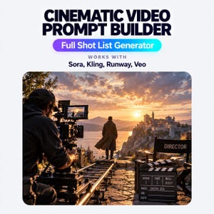 May include: A Cinematic Video Prompt Builder graphic with the text "Full Shot List Generator" and "WORKS WITH Sora, Kling, Runway, Veo". Below, a professional film camera on a dolly track faces a person in a coat overlooking a coastal castle at sunset.